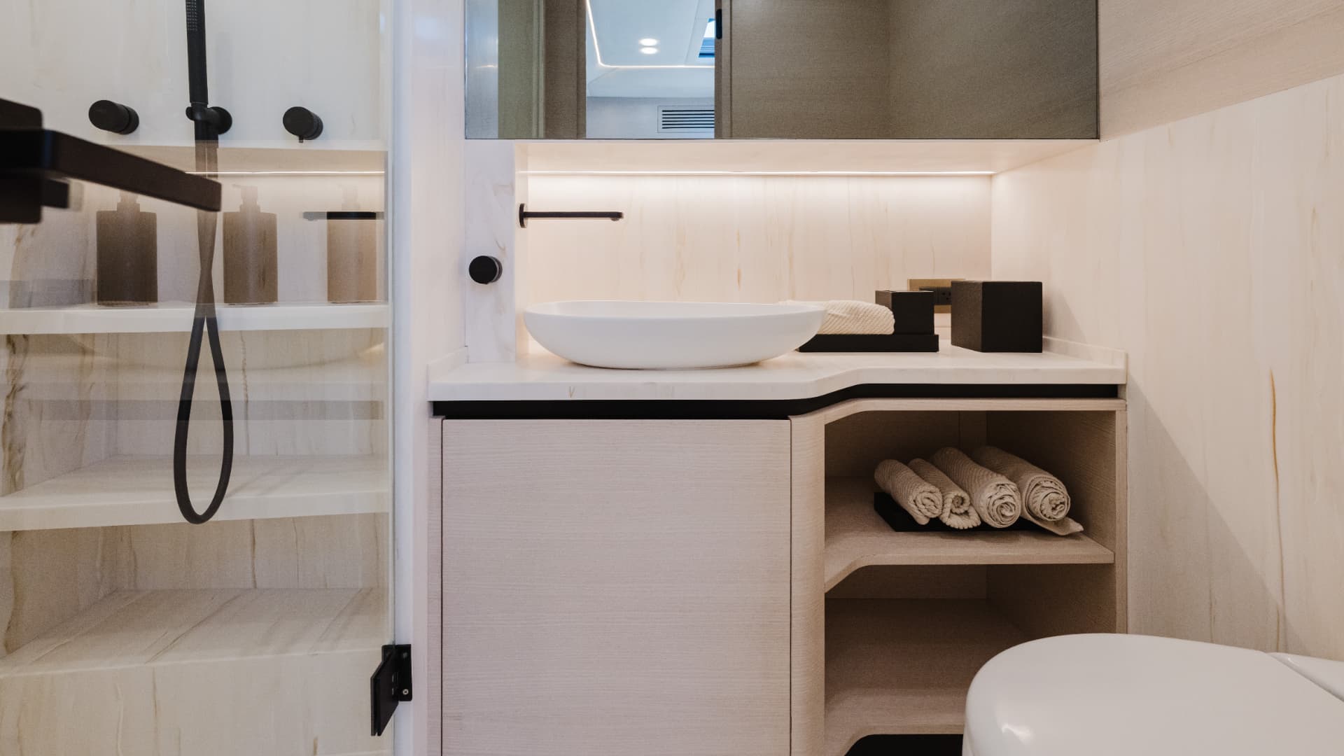 Marble and light-oak head aboard the Manari 52