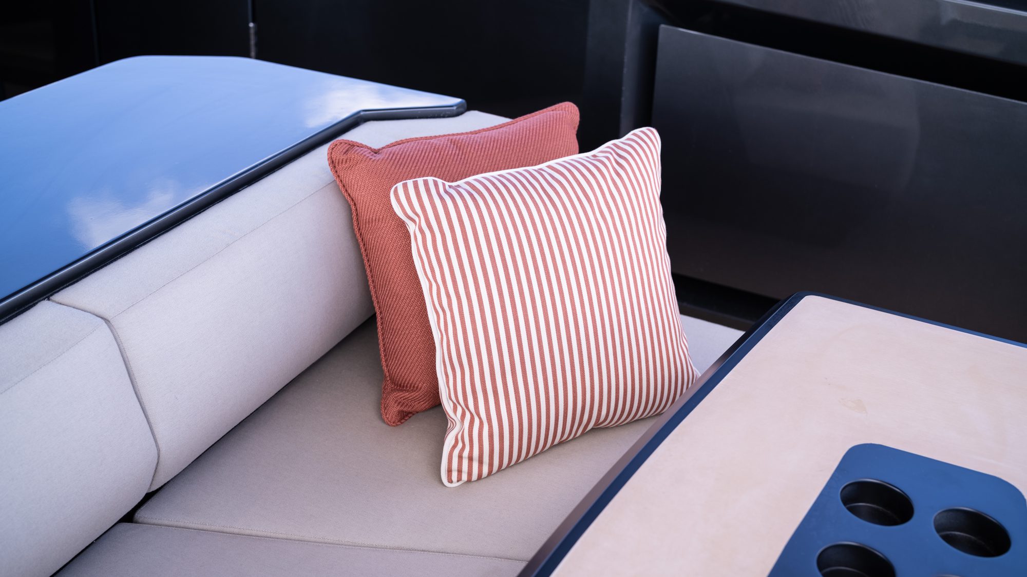 Loro Piana upholstered seating in the Manari 52 saloon